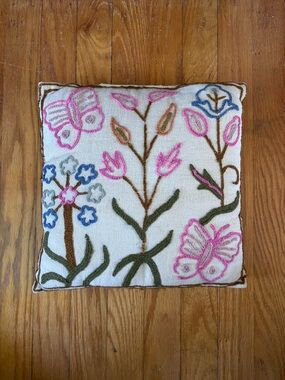 Vintage Floral Butterfly Crewel Embroidery Cottage Core Throw Pillow